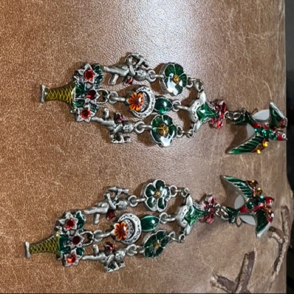 Vintage Don-Lin Chandelier Earrings Angels Enamel Rhinestone Dangle Statement - Picture 13 of 15